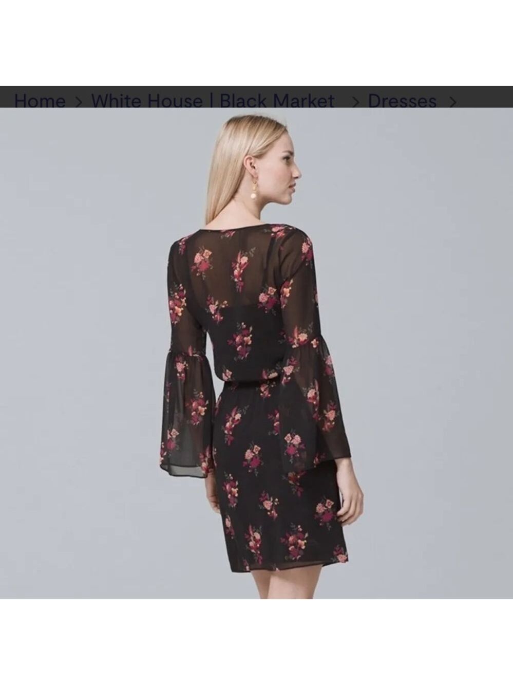 White House Black Market Black Floral Dress Bell Sleeve Pink Size Small Sheer - Picture 2 of 13